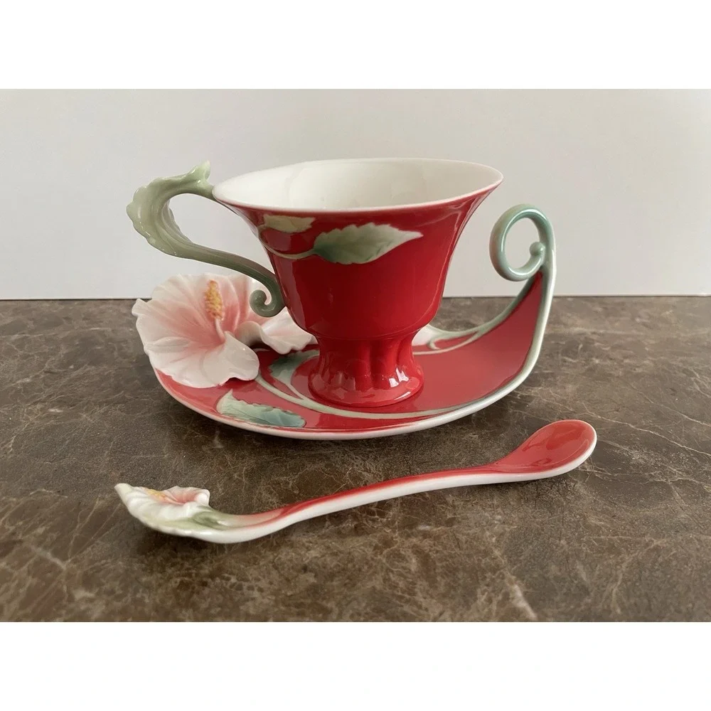 FRANZ Collection Island Beauty Hibiscus‎ Cup Saucer Set w Spoon FZ00978